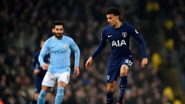 MANCHESTER, ENGLAND - DECEMBER 16: Dele Alli of Tottenham Hotspur in action during the Premier League match between Manchester City and Tottenham Hotspur at Etihad Stadium on December 16, 2017 in Manchester, England. (Photo by Laurence Griffiths/Getty Images)