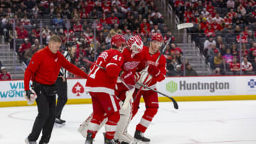 Dec 18, 2023; Detroit, Michigan, USA; Detroit Red Wings goaltender Ville Husso (35) is helped from the ice during the first period by defenseman Shayne Gostisbehere (41) and defenseman Moritz Seider (53) at Little Caesars Arena. Mandatory Credit: Brian Bradshaw Sevald-USA TODAY Sports