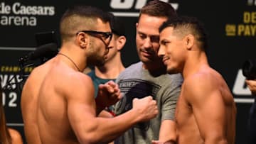 DETROIT, MI - DECEMBER 01: (L-R) David Teymur of Sweden and Drakkar Klose face off during the UFC 218 weigh-in inside Little Caesars Arena on December 1, 2017 in Detroit, Michigan. (Photo by Josh Hedges/Zuffa LLC/Zuffa LLC via Getty Images)