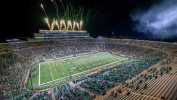 SOUTH BEND, INDIANA - NOVEMBER 07: Fireworks explode over Notre Dame Stadium before the game between the Notre Dame Fighting Irish and the Clemson Tigers at Notre Dame Stadium on November 7, 2020 in South Bend, Indiana. (Photo by Matt Cashore-Pool/Getty Images)