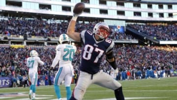 Dec 14, 2014; Foxborough, MA, USA; New England Patriots tight end Rob Gronkowski (87) celebrates after scoring a touchdown during the second half against the Miami Dolphins at Gillette Stadium. The Patriots won 41-13. Mandatory Credit: Winslow Townson-USA TODAY Sports