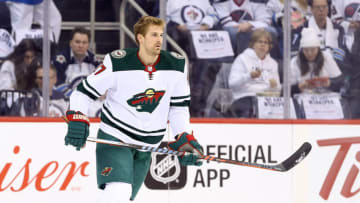 WINNIPEG, MANITOBA - APRIL 13: Marcus Foligno #17 of the Minnesota Wild warms up prior to Game Two of the Western Conference First Round during the 2018 NHL Stanley Cup Playoffs against the Winnipeg Jets on April 13, 2018 at Bell MTS Place in Winnipeg, Manitoba, Canada. (Photo by Jason Halstead /Getty Images)