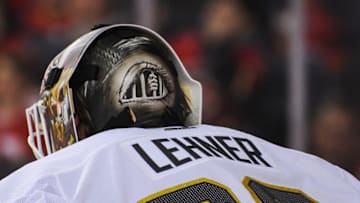 Robin Lehner #90 of the Vegas Golden Knights in action against the Calgary Flames. (Photo by Derek Leung/Getty Images)