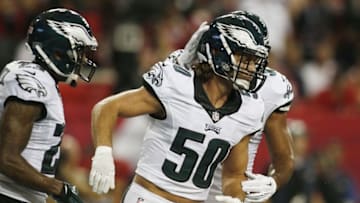 Sep 14, 2015; Atlanta, GA, USA; Philadelphia Eagles linebacker Kiko Alonso (50) celebrates his interception in the end zone against the Atlanta Falcons in the first quarter at the Georgia Dome. Mandatory Credit: Brett Davis-USA TODAY Sports