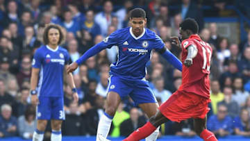 LONDON, ENGLAND - OCTOBER 15: Ruben Loftus-Cheek of Chelsea is challenged by Daniel Amartey of Leicester City during the Premier League match between Chelsea and Leicester City at Stamford Bridge on October 15, 2016 in London, England. (Photo by Darren Walsh/Chelsea FC via Getty Images)