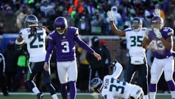 Jan 10, 2016; Minneapolis, MN, USA; Minnesota Vikings kicker Blair Walsh (3) reacts after missing a field goal attempt against the Seattle Seahawks in the fourth quarter of a NFC Wild Card playoff football game at TCF Bank Stadium. Mandatory Credit: Brace Hemmelgarn-USA TODAY Sports