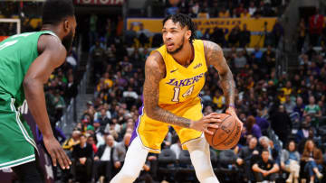 LOS ANGELES, CA - JANUARY 23: Brandon Ingram #14 of the Los Angeles Lakers handles the ball during the game against the Boston Celtics on January 23, 2018 at STAPLES Center in Los Angeles, California. NOTE TO USER: User expressly acknowledges and agrees that, by downloading and/or using this Photograph, user is consenting to the terms and conditions of the Getty Images License Agreement. Mandatory Copyright Notice: Copyright 2018 NBAE (Photo by Andrew D. Bernstein/NBAE via Getty Images)