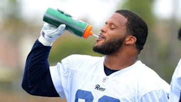 Jun 14, 2016; Oxnard, CA, USA; Los Angeles Rams defensive tackle Aaron Donald (99) drinks water during minicamp workouts at River Ridge Fields. Mandatory Credit: Jayne Kamin-Oncea-USA TODAY Sports