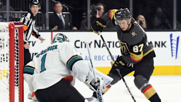 LAS VEGAS, NV - OCTOBER 01: Vadim Shipachyov #87 of the Vegas Golden Knights shoots against Troy Grosenick #1 of the San Jose Sharks in the second period of their preseason game at T-Mobile Arena on October 1, 2017 in Las Vegas, Nevada. (Photo by Ethan Miller/Getty Images)