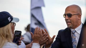 UNIVERSITY PARK, PA - OCTOBER 19: Head coach James Franklin of the Penn State Nittany Lions high fives fans on his way into the stadium before the game against the Michigan Wolverines on October 19, 2019 at Beaver Stadium in University Park, Pennsylvania. (Photo by Brett Carlsen/Getty Images)