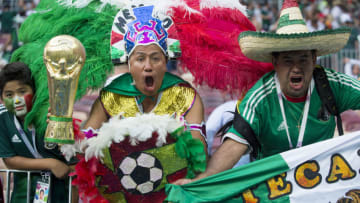 The Mexican fans celebrate during the 2018 FIFA World Cup Russia Group F match between Germany and Mexico at Luzhniki Stadium in Moscow, Russia on June 17, 2018 (Photo by Andrew Surma/NurPhoto via Getty Images)