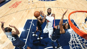 MINNEAPOLIS, MN - NOVEMBER 19: Andre Drummond #0 of the Detroit Pistons shoots the ball against the Minnesota Timberwolves on November 19, 2017 at Target Center in Minneapolis, Minnesota. NOTE TO USER: User expressly acknowledges and agrees that, by downloading and or using this Photograph, user is consenting to the terms and conditions of the Getty Images License Agreement. Mandatory Copyright Notice: Copyright 2017 NBAE (Photo by David Sherman/NBAE via Getty Images)