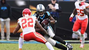 Nov 13, 2016; Charlotte, NC, USA; Carolina Panthers wide receiver Kelvin Benjamin (13) before being stripped of the ball by Kansas City Chiefs cornerback Marcus Peters (22) with 29 seconds left in the fourth quarter. The Chiefs defeated the Panthers 20-17 at Bank of America Stadium. Mandatory Credit: Bob Donnan-USA TODAY Sports