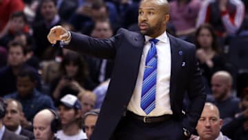 TORONTO, ON - JANUARY 28: Head Coach Derek Fisher of the New York Knicks gestures to his players during an NBA game against the Toronto Raptors at the Air Canada Centre on January 28, 2016 in Toronto, Ontario, Canada. NOTE TO USER: User expressly acknowledges and agrees that, by downloading and or using this photograph, User is consenting to the terms and conditions of the Getty Images License Agreement. (Photo by Vaughn Ridley/Getty Images)