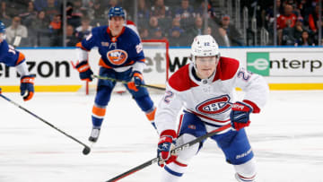 ELMONT, NEW YORK - JANUARY 14: Cole Caufield #22 of the Montreal Canadiens skates against the New York Islanders at the UBS Arena on January 14, 2023 in Elmont, New York. (Photo by Bruce Bennett/Getty Images )