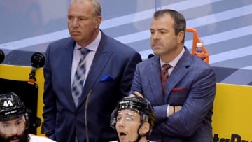 Aug 14, 2020; Toronto, Ontario, CAN; Michel Therrien, and head coach Alain Vigneault. Mandatory Credit: Dan Hamilton-USA TODAY Sports