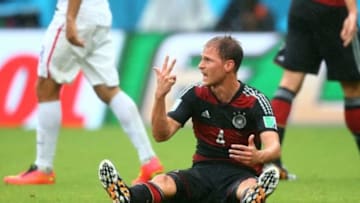 Jun 26, 2014; Recife, BRAZIL; Germany defender Benedikt Howedes (4) reacts against USA during the 2014 World Cup at Arena Pernambuco. Germany defeated USA 1-0. Mandatory Credit: Mark J. Rebilas-USA TODAY Sports