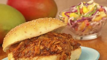 barbecue pulled pork recipe with a tropical flavor twist , photos provided by Mango.org