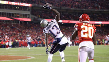 KANSAS CITY, MISSOURI - JANUARY 20: Phillip Dorsett #13 of the New England Patriots celebrates catching a 29 yard touchdown in the second quarter against Steven Nelson #20 of the Kansas City Chiefs during the AFC Championship Game at Arrowhead Stadium on January 20, 2019 in Kansas City, Missouri. (Photo by Patrick Smith/Getty Images)