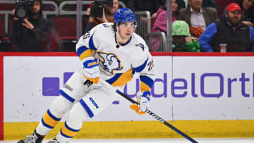 Jan 17, 2023; Chicago, Illinois, USA; Buffalo Sabres defenseman Owen Power (25) skates against the Chicago Blackhawks at United Center. Mandatory Credit: Jamie Sabau-USA TODAY Sports