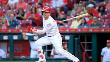 CINCINNATI, OH - AUGUST 28: Scooter Gennett #3 of the Cincinnati Reds hits a single in the first inning against the Milwaukee Brewers at Great American Ball Park on August 28, 2018 in Cincinnati, Ohio. (Photo by Andy Lyons/Getty Images)
