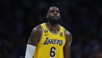 DENVER, COLORADO - MAY 18: LeBron James #6 of the Los Angeles Lakers reacts after losing to the Denver Nuggets in game two of the Western Conference Finals at Ball Arena on May 18, 2023 in Denver, Colorado. NOTE TO USER: User expressly acknowledges and agrees that, by downloading and or using this photograph, User is consenting to the terms and conditions of the Getty Images License Agreement. (Photo by Matthew Stockman/Getty Images)