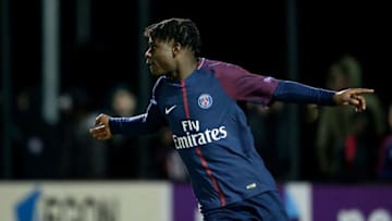 AMSTERDAM, NETHERLANDS - FEBRUARY 6: Timothy Weah of Paris Saint Germain U19 celebrates the victory during the match between Ajax U19 v Paris Saint Germain U19 at the De Toekomst on February 6, 2018 in Amsterdam Netherlands (Photo by Erwin Spek/Soccrates/Getty Images)