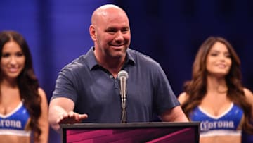 LAS VEGAS, NV - AUGUST 25: UFC President Dana White interacts with the media during a news conference after Mayweather's 10th-round TKO victory in their super welterweight boxing match on August 26, 2017 at T-Mobile Arena in Las Vegas, Nevada. (Photo by Jeff Bottari/Zuffa LLC/Zuffa LLC via Getty Images)