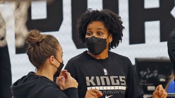 SAN ANTONIO, TX - MARCH 29: Lindsey Harding assistant coach for the Sacramento Kings chats with Becky Hammon assistant coach for the San Antonio Spurs at AT&T Center on March 29, 2021 in San Antonio, Texas. NOTE TO USER: User expressly acknowledges and agrees that , by downloading and or using this photograph, User is consenting to the terms and conditions of the Getty Images License Agreement. (Photo by Ronald Cortes/Getty Images)