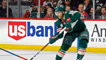 ST. PAUL, MN - APRIL 02: Luke Kunin #19 of the Minnesota Wild makes a pass during a game with the Winnipeg Jets at Xcel Energy Center on April 2, 2019 in St. Paul, Minnesota. (Photo by Bruce Kluckhohn/NHLI via Getty Images)