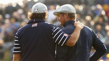 PARIS, FRANCE - SEPTEMBER 28: Phil Mickelson of the United States chats with Bryson DeChambeau of the United States during the afternoon foursome matches of the 2018 Ryder Cup at Le Golf National on September 28, 2018 in Paris, France. (Photo by Jamie Squire/Getty Images)