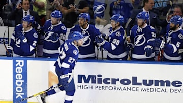 Dec 20, 2016; Tampa, FL, USA; Tampa Bay Lightning left wing Jonathan Drouin (27) is congratulated by the bench after he scored against the Detroit Red Wings during the second period at Amalie Arena. Mandatory Credit: Kim Klement-USA TODAY Sports