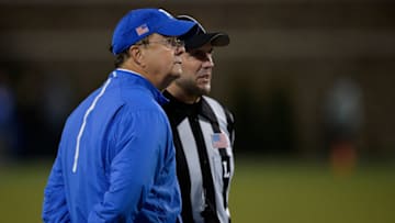 DURHAM, NC - OCTOBER 31: Head coach David Cutcliffe of the Duke Blue Devils waits for the ruling on whether or not the Miami Hurricanes final play was a touchdown during their game at Wallace Wade Stadium on October 31, 2015 in Durham, North Carolina. Miami won 30-27 on a last-second touchdown. (Photo by Grant Halverson/Getty Images)