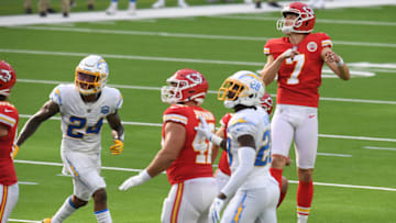 INGLEWOOD, CALIFORNIA - SEPTEMBER 20: Kicker Harrison Butker #7 of the Kansas City Chiefs watches his game-tying field goal against the Los Angeles Chargers during the fourth quarter at SoFi Stadium on September 20, 2020 in Inglewood, California. (Photo by Harry How/Getty Images)