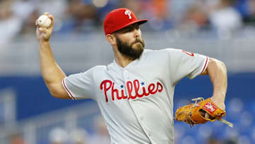 MIAMI, FLORIDA - APRIL 12: Jake Arrieta #49 of the Philadelphia Phillies delivers a pitch in the first inning against the Miami Marlins at Marlins Park on April 12, 2019 in Miami, Florida. (Photo by Michael Reaves/Getty Images)