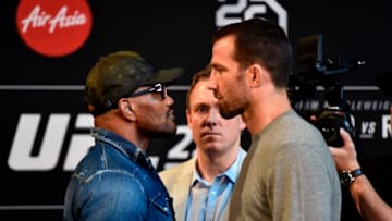 PERTH, AUSTRALIA - FEBRUARY 07: (L-R) Yoel Romero of Cuba and Luke Rockhold face off during the UFC 221 Press Conference at Perth Arena on February 7, 2018 in Perth, Australia. (Photo by Jeff Bottari/Zuffa LLC/Zuffa LLC via Getty Images)