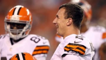 Aug 23, 2014; Cleveland, OH, USA; Cleveland Browns quarterback Johnny Manziel (2) against the St. Louis Rams during the fourth quarter at FirstEnergy Stadium. The Rams won 33-14. Mandatory Credit: Ron Schwane-USA TODAY Sports