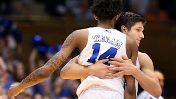 Feb 8, 2016; Durham, NC, USA; Duke Blue Devils guard Grayson Allen (3) celebrates a basket with guard Brandon Ingram (14) in the first half of their game against the Louisville Cardinals at Cameron Indoor Stadium. Mandatory Credit: Mark Dolejs-USA TODAY Sports