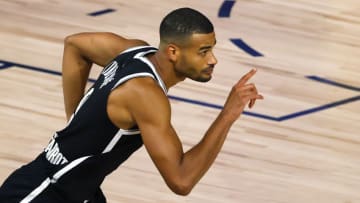 Timothe Luwawu-Cabarrot #9 of the Brooklyn Nets celebrates a three point shot against the Toronto Raptors during the fourth quarter in Game Two of the Eastern Conference First Round during the 2020 NBA Playoffs at The Field House at ESPN Wide World Of Sports Complex on August 19, 2020 in Lake Buena Vista, Florida. NOTE TO USER: User expressly acknowledges and agrees that, by downloading and or using this photograph, User is consenting to the terms and conditions of the Getty Images License Agreement. (Photo by Kevin C. Cox/Getty Images)