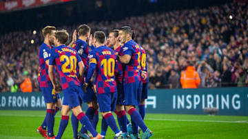 BARCELONA, SPAIN - December 7: Antoine Griezmann #17 of Barcelona is congratulated after scoring his sides first goal during the Barcelona V Mallorca, La Liga regular season match at Estadio Camp Nou on December 7th 2019 in Barcelona, Spain. (Photo by Tim Clayton/Corbis via Getty Images)