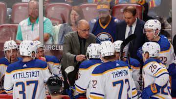 SUNRISE, FL - APRIL 4: Head coach Don Granato of the Buffalo Sabres directs the players during a time out against the Florida Panthers at the FLA Live Arena on April 4, 2023 in Sunrise, Florida. (Photo by Joel Auerbach/Getty Images)