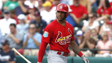 Mar 16, 2016; Lake Buena Vista, FL, USA; St. Louis Cardinals center fielder Thomas Pham (28) reacts to striking out against the Atlanta Braves during the first inning at Champion Stadium. Mandatory Credit: Butch Dill-USA TODAY Sports