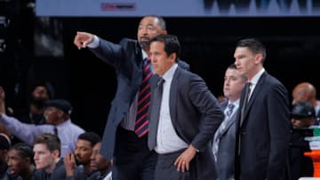 SACRAMENTO, CA - MARCH 14: Assistant coach Juwan Howard and Head Coach Erik Spoelstra of the Miami Heat coach against the Sacramento Kings on March 14, 2018 at Golden 1 Center in Sacramento, California. NOTE TO USER: User expressly acknowledges and agrees that, by downloading and or using this photograph, User is consenting to the terms and conditions of the Getty Images Agreement. Mandatory Copyright Notice: Copyright 2018 NBAE (Photo by Rocky Widner/NBAE via Getty Images)