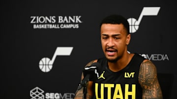 SALT LAKE CITY, UTAH - OCTOBER 02: John Collins #20 of the Utah Jazz speaks during the Utah Jazz Media Day at Zions Bank Basketball Campus on October 02, 2023 in Salt Lake City, Utah. NOTE TO USER: User expressly acknowledges and agrees that, by downloading and or using this photograph, User is consenting to the terms and conditions of the Getty Images License Agreement. (Photo by Alex Goodlett/Getty Images)