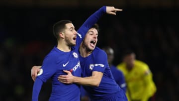 WATFORD, ENGLAND - FEBRUARY 05: Eden Hazard and Cesar Azpilicueta of Chelsea celebrate during the Premier League match between Watford and Chelsea at Vicarage Road on February 5, 2018 in Watford, England. (Photo by Catherine Ivill/Getty Images)