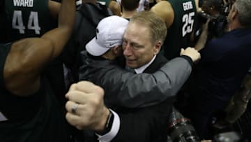 WASHINGTON, DC - MARCH 31: Head coach Tom Izzo of the Michigan State Spartans celebrates after defeating the Duke Blue Devils in the East Regional game of the 2019 NCAA Men's Basketball Tournament at Capital One Arena on March 31, 2019 in Washington, DC. The Michigan State Spartans defeated the Duke Blue Devils with a score of 68 to 67. (Photo by Rob Carr/Getty Images)