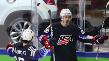 COPENHAGEN, DENMARK MAY 20, 2018: United States' Alex Debrincat (L) and Tage Thompson celebrate scoring in their 2018 IIHF Ice Hockey World Championship bronze medal match against Canada at Royal Arena. Anton Novoderezhkin/TASS (Photo by Anton NovoderezhkinTASS via Getty Images)
