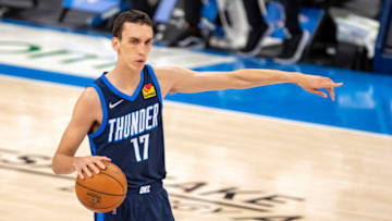 Aleksej Pokusevski #17 of the OKC Thunder directs the offense. (Photo by Wesley Hitt/Getty Images)