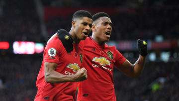 MANCHESTER, ENGLAND - NOVEMBER 10: Marcus Rashford of Manchester United celebrates with teammate Anthony Martial after scoring his team's third goal during the Premier League match between Manchester United and Brighton & Hove Albion at Old Trafford on November 10, 2019 in Manchester, United Kingdom. (Photo by Michael Regan/Getty Images)
