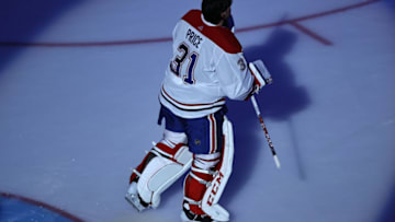 TORONTO, ONTARIO - AUGUST 14: Carey Price #31 of the Montreal Canadiens looks on prior to Game Two of the Eastern Conference First Round against the Philadelphia Flyers during the 2020 NHL Stanley Cup Playoffs at Scotiabank Arena on August 14, 2020 in Toronto, Ontario, Canada. (Photo by Elsa/Getty Images)